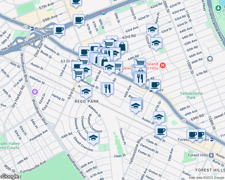 map of restaurants, bars, coffee shops, grocery stores, and more near 65-47 Wetherole Street in Queens