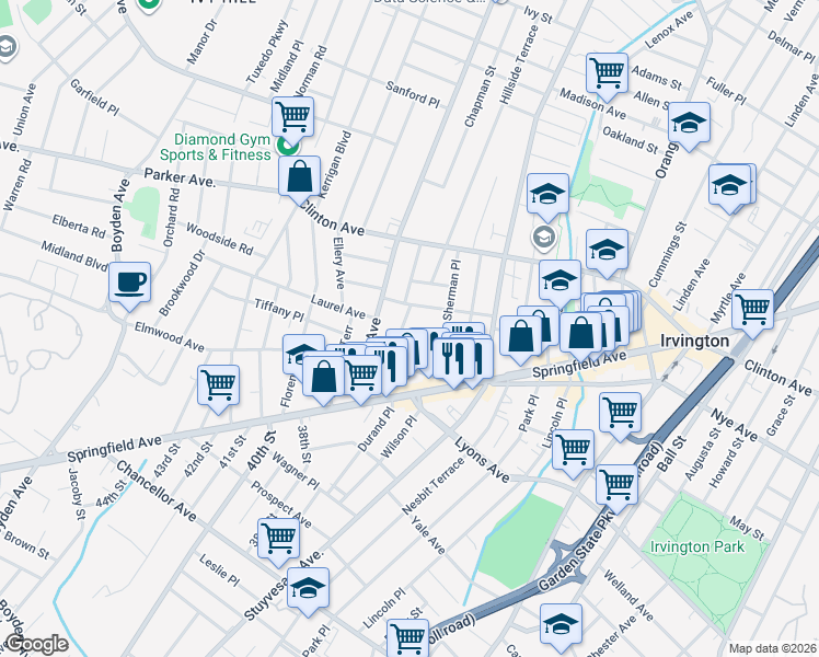 map of restaurants, bars, coffee shops, grocery stores, and more near 18 Momm Court in Irvington