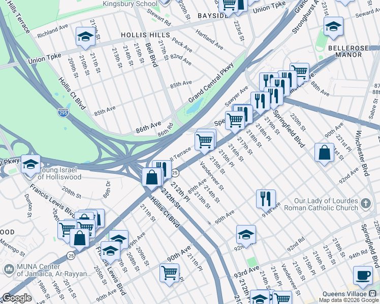 map of restaurants, bars, coffee shops, grocery stores, and more near 214-22 Whitehall Terrace in Queens