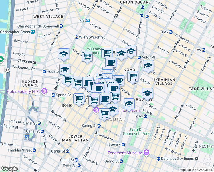 map of restaurants, bars, coffee shops, grocery stores, and more near 208 Mercer Street in New York