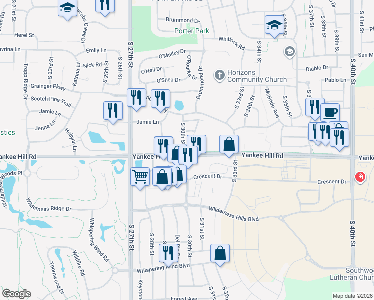 map of restaurants, bars, coffee shops, grocery stores, and more near 8447 South Tularosa Court in Lincoln
