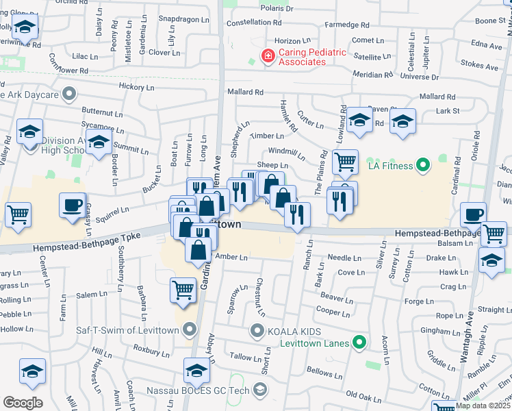 map of restaurants, bars, coffee shops, grocery stores, and more near 3345 Hempstead Turnpike in Levittown