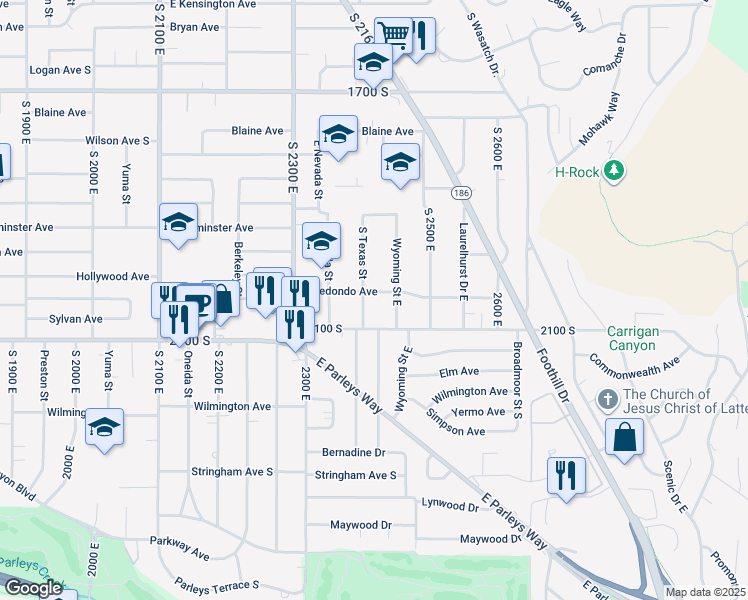 map of restaurants, bars, coffee shops, grocery stores, and more near 2015 Texas Street in Salt Lake City