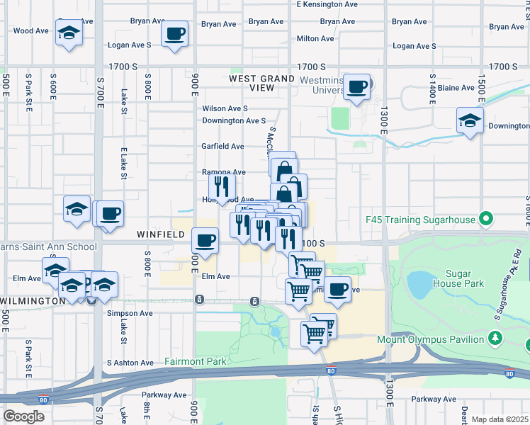 map of restaurants, bars, coffee shops, grocery stores, and more near 2005 South McClelland Street in Salt Lake City