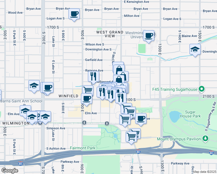 map of restaurants, bars, coffee shops, grocery stores, and more near 2005 South McClelland Street in Salt Lake City