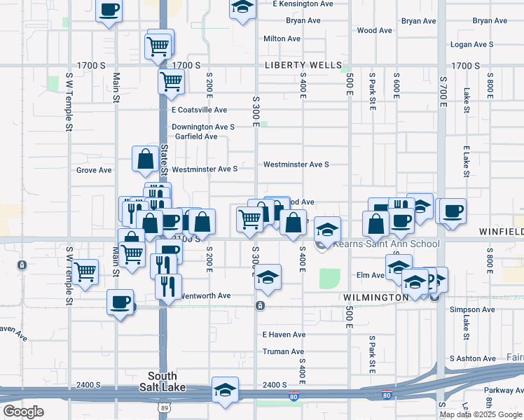 map of restaurants, bars, coffee shops, grocery stores, and more near 317 Redondo Avenue in Salt Lake City