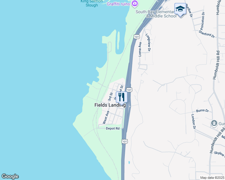 map of restaurants, bars, coffee shops, grocery stores, and more near 6622 2nd Street in Fields Landing