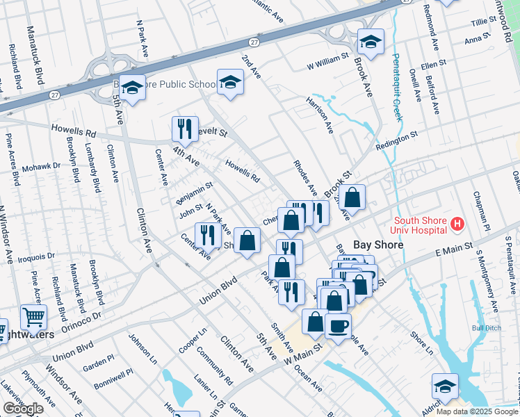 map of restaurants, bars, coffee shops, grocery stores, and more near 2 Garfield Street in Bay Shore