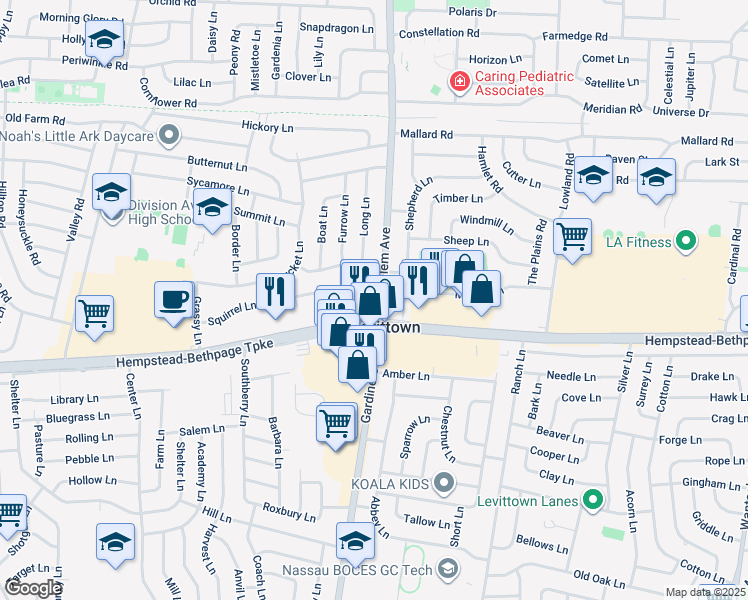 map of restaurants, bars, coffee shops, grocery stores, and more near in Levittown