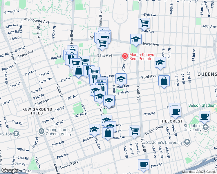 map of restaurants, bars, coffee shops, grocery stores, and more near 158-46 75th Avenue in Queens