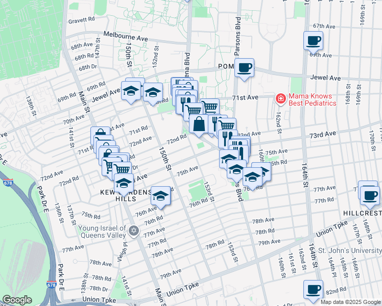 map of restaurants, bars, coffee shops, grocery stores, and more near 150-45 73rd Avenue in Queens