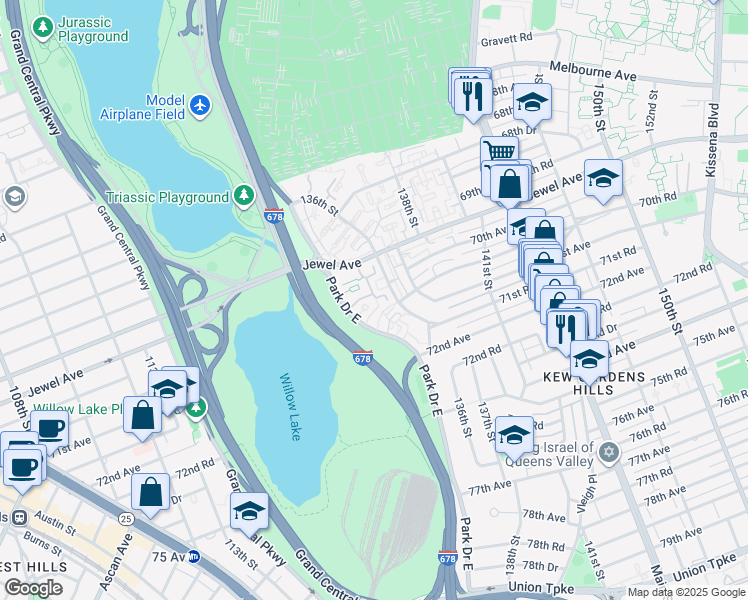 map of restaurants, bars, coffee shops, grocery stores, and more near 70-19 Park Drive East in Queens