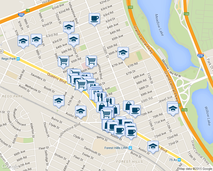 map of restaurants, bars, coffee shops, grocery stores, and more near 106-21 68th Avenue in Queens