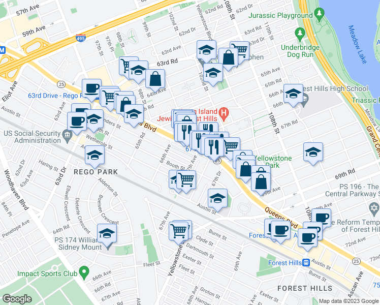 map of restaurants, bars, coffee shops, grocery stores, and more near in Queens