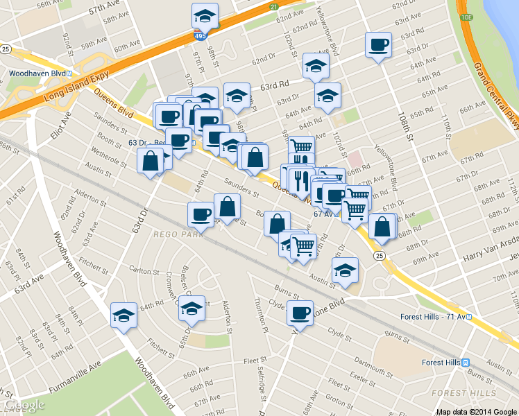 map of restaurants, bars, coffee shops, grocery stores, and more near 9609 66th Avenue in Queens