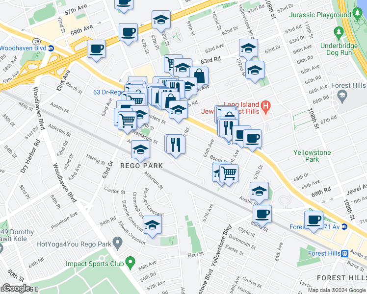 map of restaurants, bars, coffee shops, grocery stores, and more near 65-47 Wetherole Street in Queens