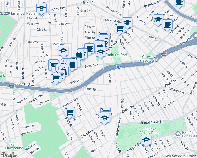 map of restaurants, bars, coffee shops, grocery stores, and more near 57-68 73rd Place in Queens