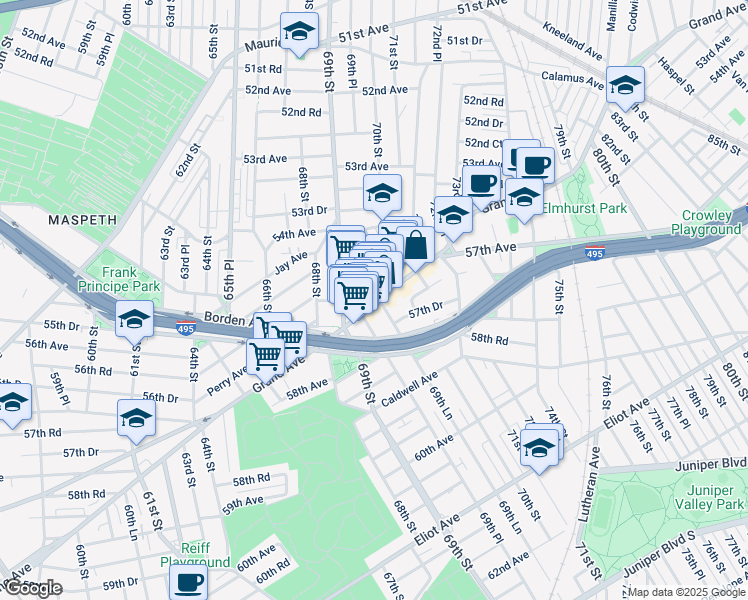 map of restaurants, bars, coffee shops, grocery stores, and more near 69-29 Grand Avenue in Queens
