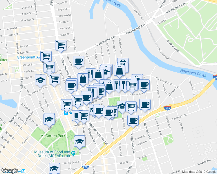 map of restaurants, bars, coffee shops, grocery stores, and more near 209 North Henry Street in Brooklyn