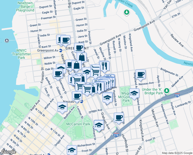 map of restaurants, bars, coffee shops, grocery stores, and more near in Brooklyn
