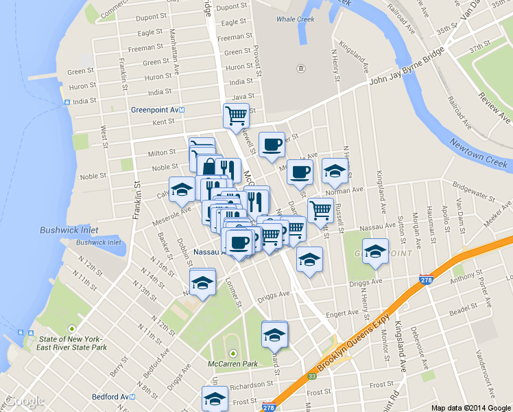 map of restaurants, bars, coffee shops, grocery stores, and more near 208 Eckford Street in Brooklyn