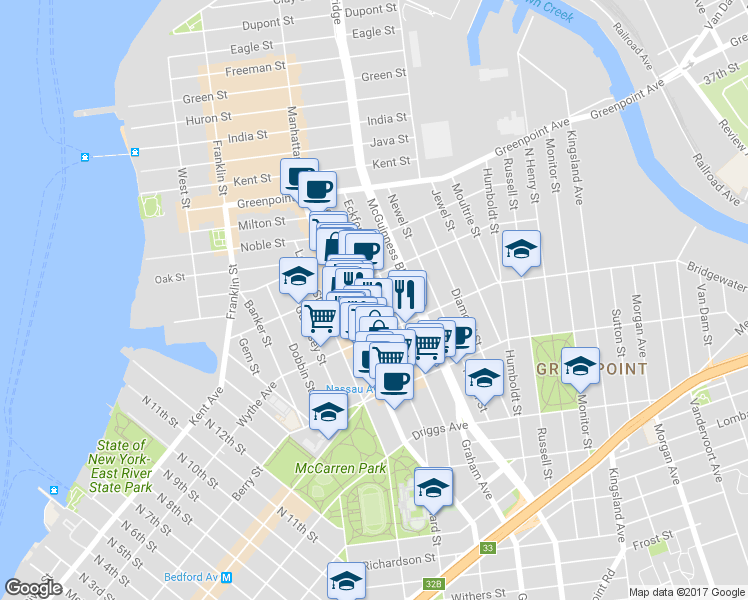 map of restaurants, bars, coffee shops, grocery stores, and more near 639 Leonard Street in Brooklyn