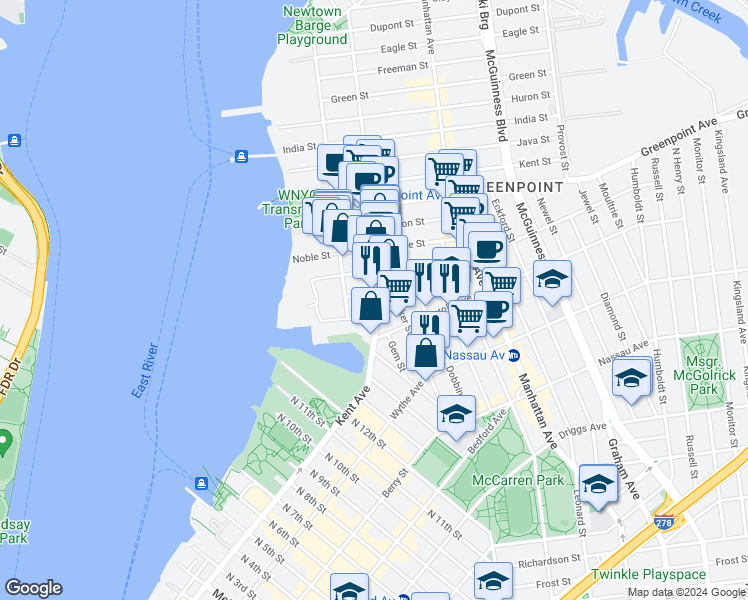 map of restaurants, bars, coffee shops, grocery stores, and more near 61 Franklin Street in Brooklyn
