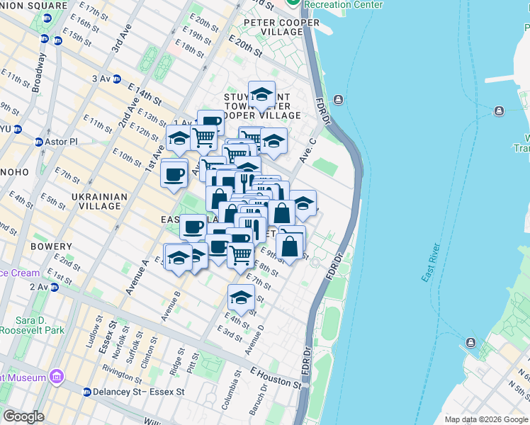 map of restaurants, bars, coffee shops, grocery stores, and more near 983 East 11th Street in New York