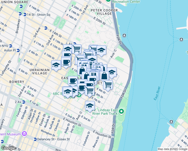 map of restaurants, bars, coffee shops, grocery stores, and more near 375 East 10th Street in New York