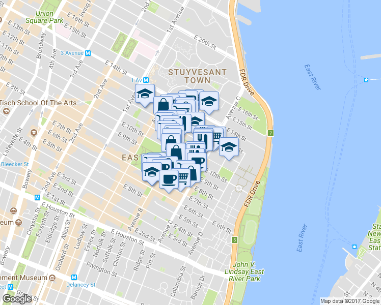 map of restaurants, bars, coffee shops, grocery stores, and more near 375 East 10th Street in New York