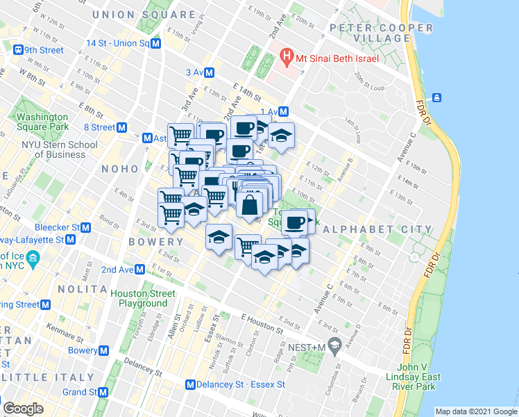 map of restaurants, bars, coffee shops, grocery stores, and more near 113 East 7th Street in New York
