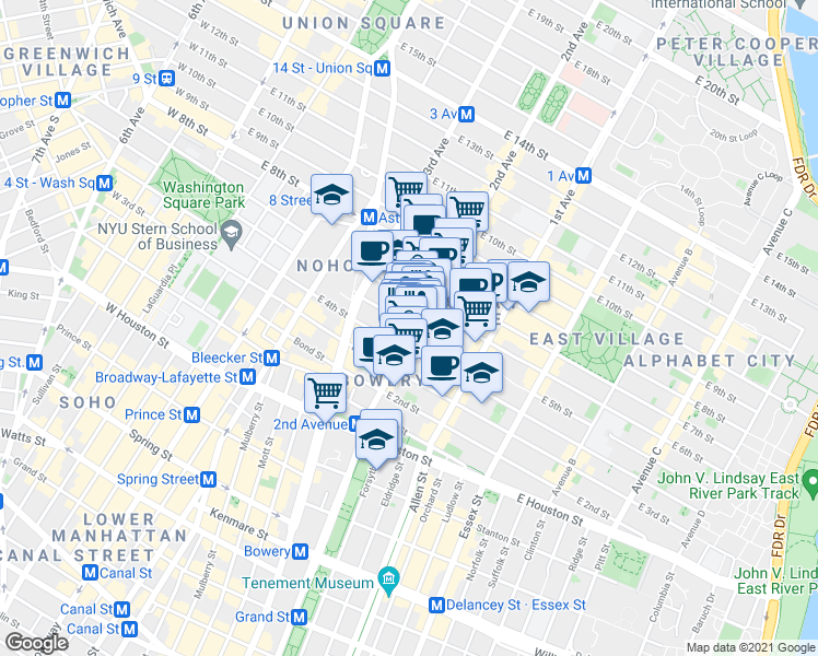 map of restaurants, bars, coffee shops, grocery stores, and more near 82 2nd Avenue in New York
