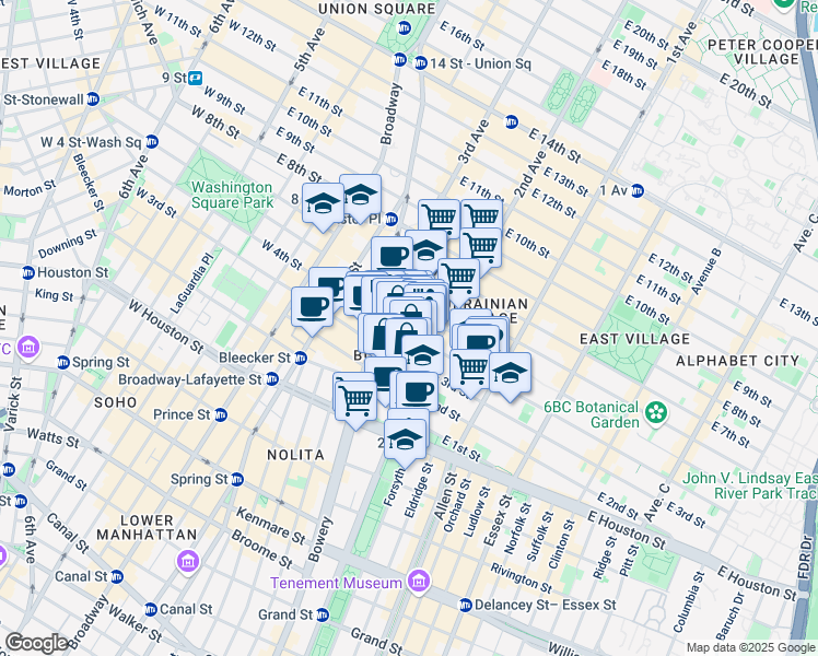 map of restaurants, bars, coffee shops, grocery stores, and more near 66 East 4th Street in New York