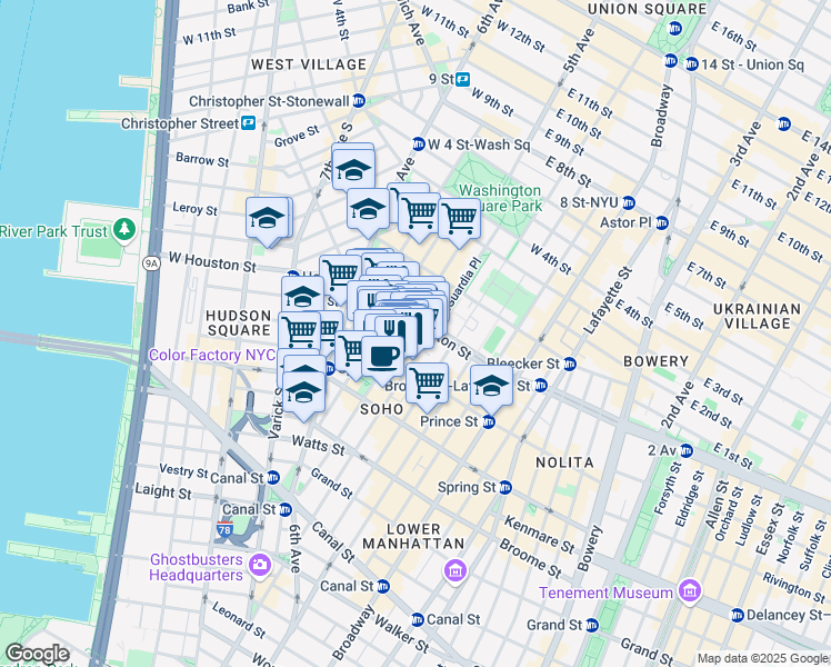 map of restaurants, bars, coffee shops, grocery stores, and more near 155-159 Sullivan Street in New York