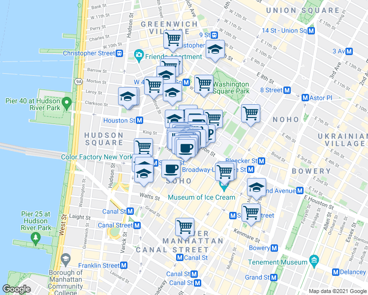 map of restaurants, bars, coffee shops, grocery stores, and more near 155-159 Sullivan Street in New York