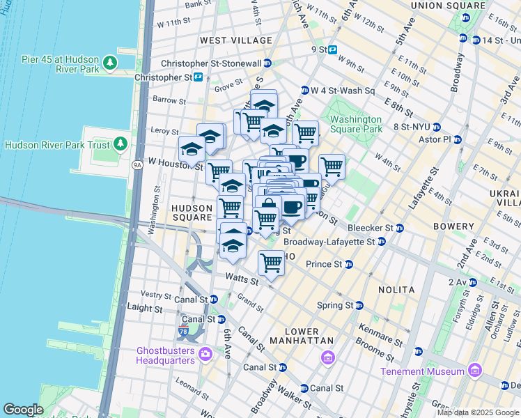 map of restaurants, bars, coffee shops, grocery stores, and more near 144 Sullivan Street in New York