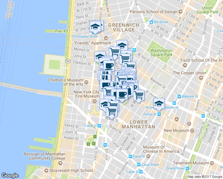 map of restaurants, bars, coffee shops, grocery stores, and more near 14 Charlton Street in New York