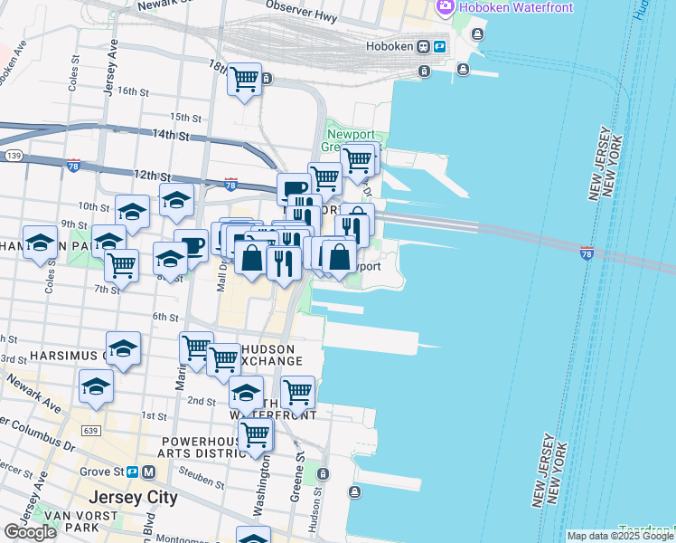 map of restaurants, bars, coffee shops, grocery stores, and more near in Jersey City