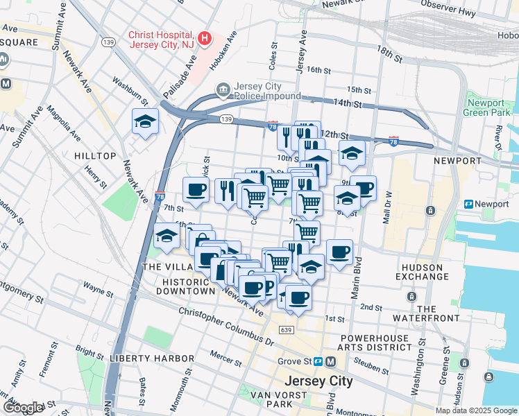 map of restaurants, bars, coffee shops, grocery stores, and more near 285 8th Street in Jersey City
