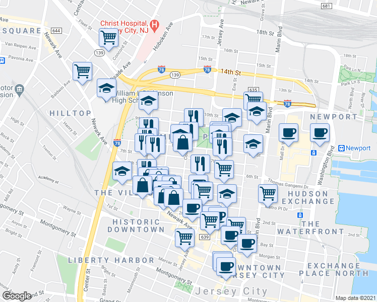 map of restaurants, bars, coffee shops, grocery stores, and more near 299 7th Street in Jersey City
