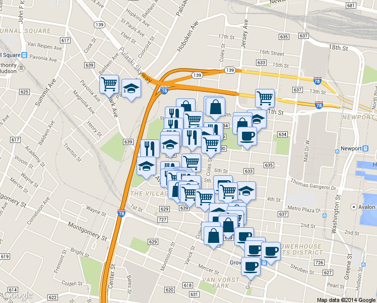 map of restaurants, bars, coffee shops, grocery stores, and more near 463 Monmouth Street in Jersey City
