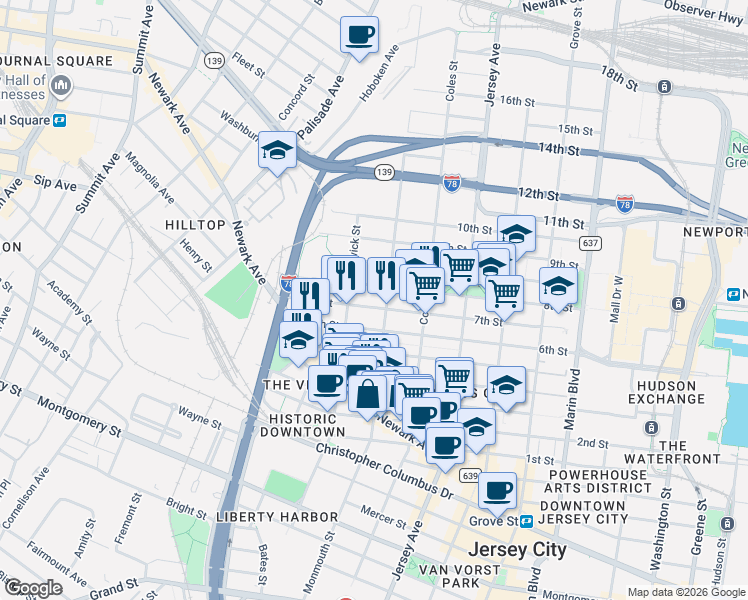 map of restaurants, bars, coffee shops, grocery stores, and more near 463 Monmouth Street in Jersey City