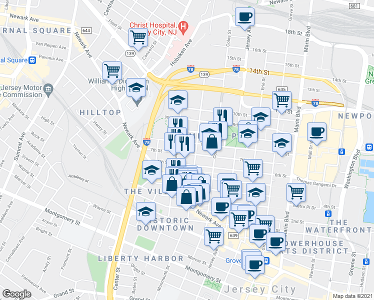 map of restaurants, bars, coffee shops, grocery stores, and more near 463 Monmouth Street in Jersey City