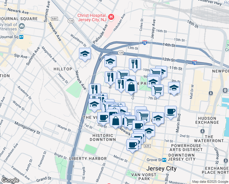 map of restaurants, bars, coffee shops, grocery stores, and more near 463 Monmouth Street in Jersey City