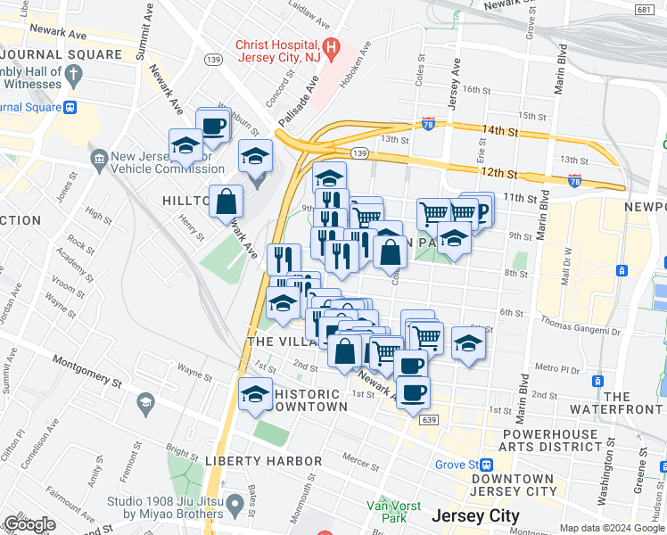 map of restaurants, bars, coffee shops, grocery stores, and more near 189 Brunswick Street in Jersey City