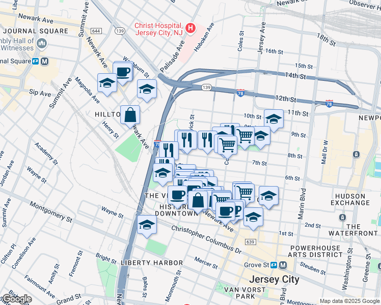 map of restaurants, bars, coffee shops, grocery stores, and more near 189 Brunswick Street in Jersey City