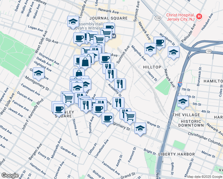 map of restaurants, bars, coffee shops, grocery stores, and more near 121 Baldwin Avenue in Jersey City