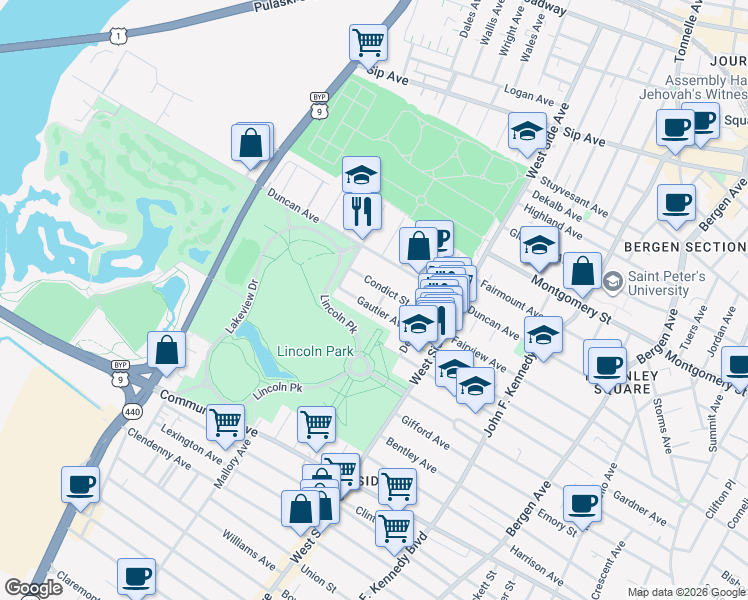 map of restaurants, bars, coffee shops, grocery stores, and more near 63 Gautier Avenue in Jersey City