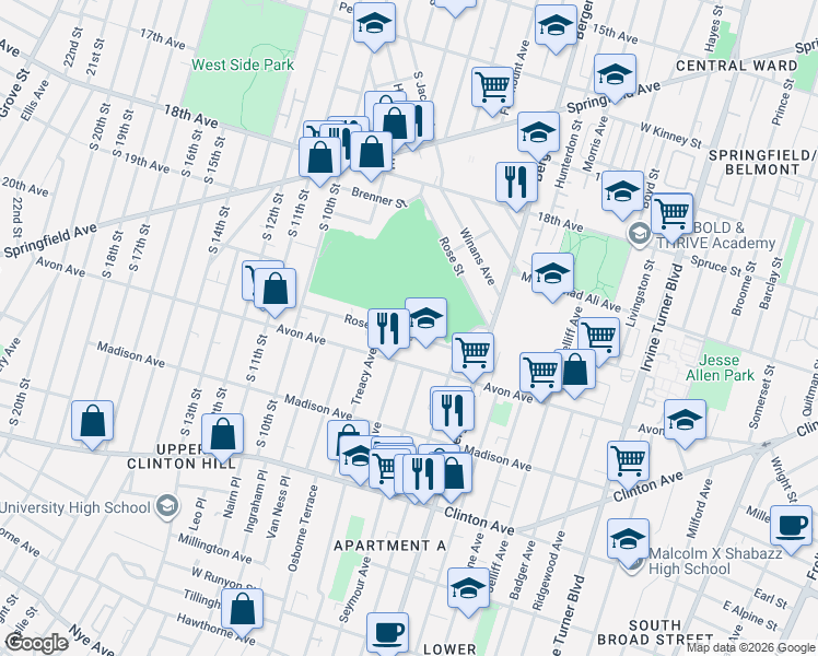 map of restaurants, bars, coffee shops, grocery stores, and more near 27 Rose Terrace in Newark