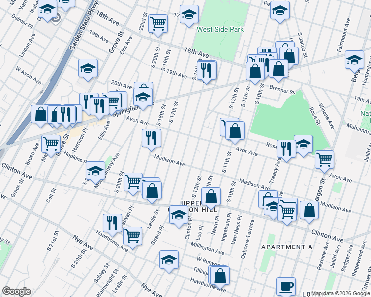 map of restaurants, bars, coffee shops, grocery stores, and more near 801 South 15th Street in Newark